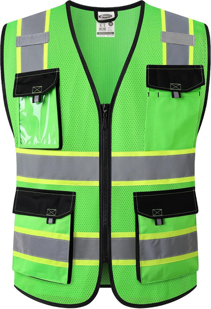 JKSafety Hi Vis Reflective Safety Vests for Men Women High Visibility Vest with Pockets Mesh Fabric Construction Safety Apparel Neon Vest for Work (220-Black L)