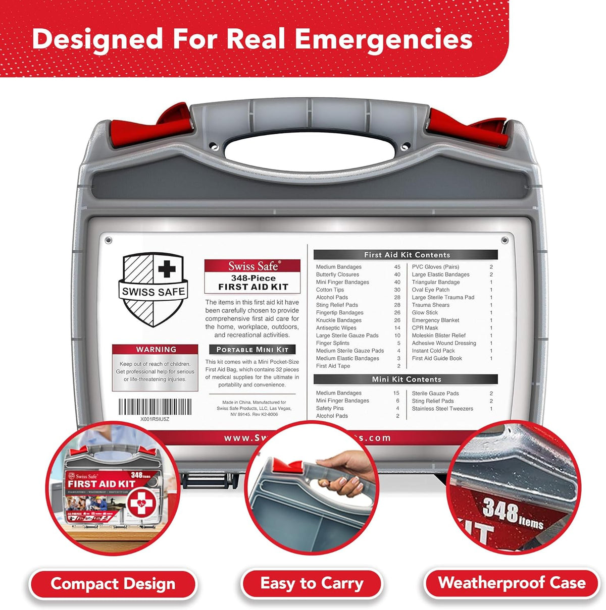 Swiss Safe 2-in-1 First Aid Kit for Car, Travel and Home, 348 Pieces, Large Hardcase with Bonus Mini Kit for Medical Emergency, Survival and Camping