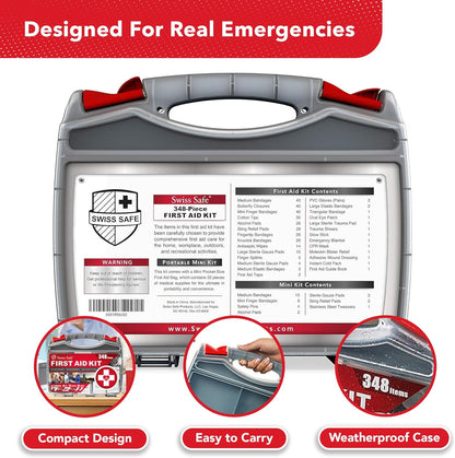 Swiss Safe 2-in-1 First Aid Kit for Car, Travel and Home, 348 Pieces, Large Hardcase with Bonus Mini Kit for Medical Emergency, Survival and Camping