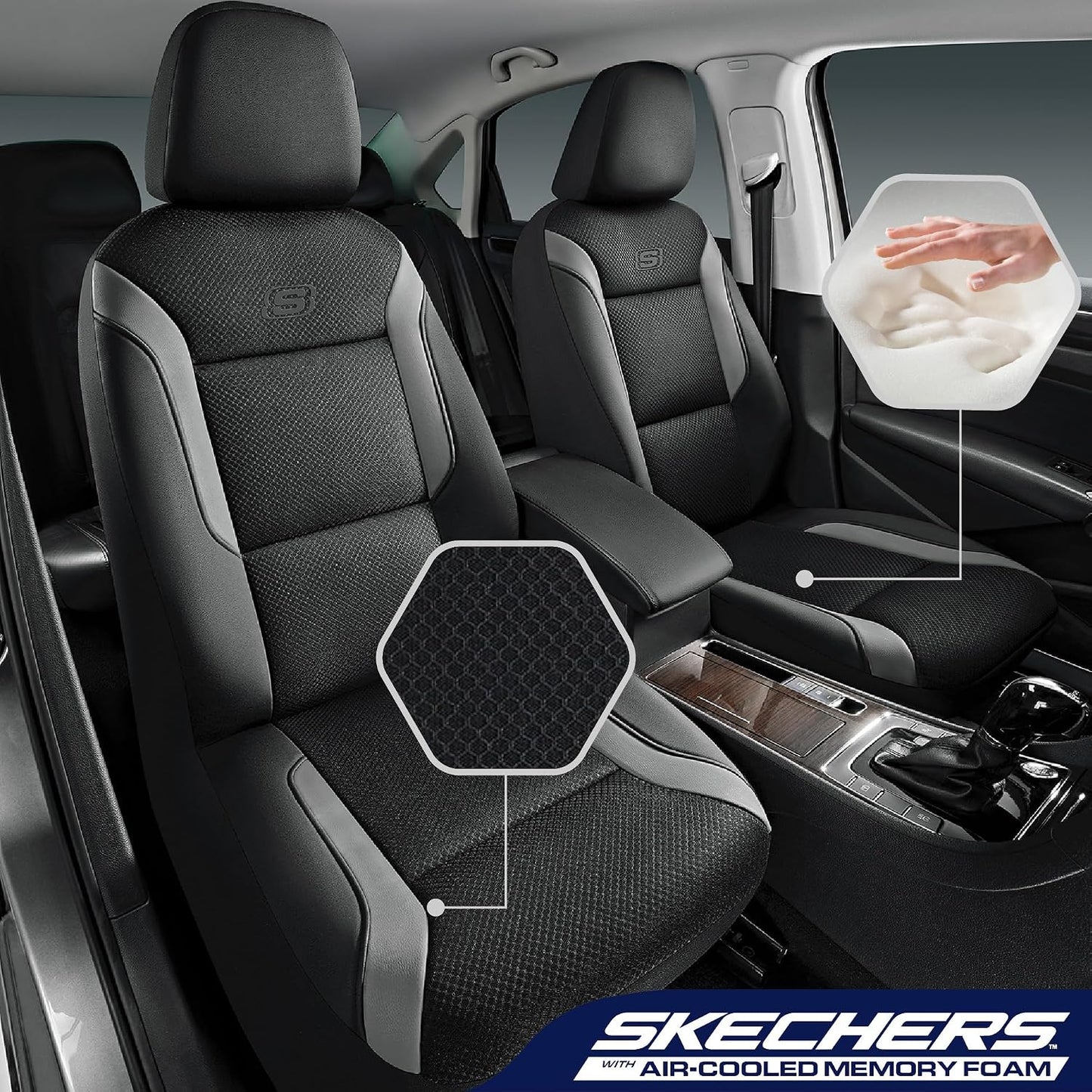 Skechers Memory Foam Seat Covers, Air Cool Mesh Thick Car Seat Covers, Car Seat Covers Front Seats Airbag Compatible, Universal Automotive Comfort for Most Cars, Vans, Trucks, SUV,Black