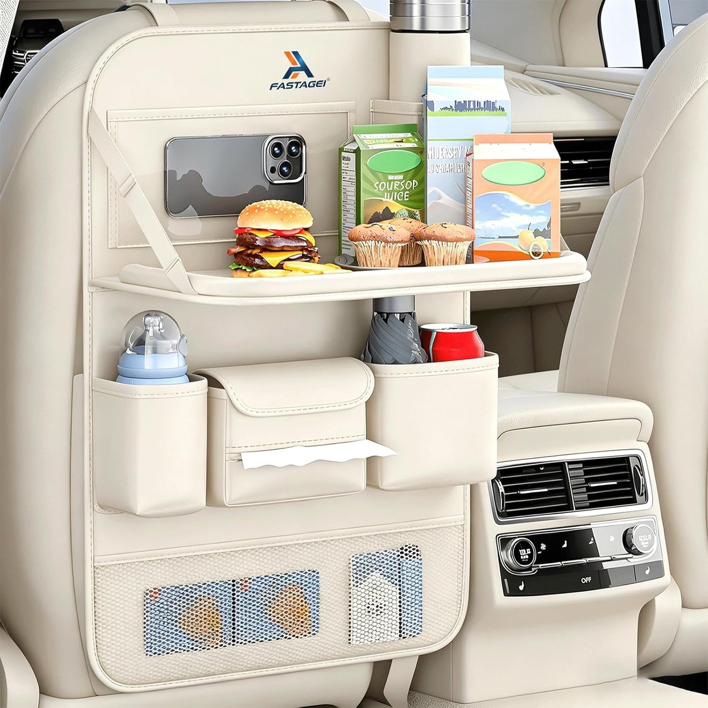 Universal Foldable Car Backseat Organizer with Table Tray, Car Seat Back Protector with Touch Screen Phone Holder, Premium Leather Kick Mats with Storage Pockets Tissue Holder (Brown)