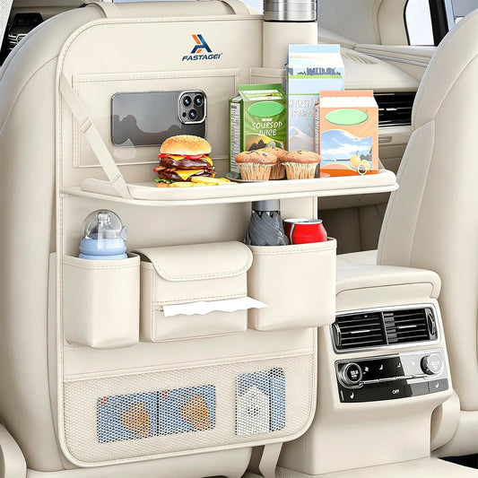 Universal Foldable Car Backseat Organizer with Table Tray, Car Seat Back Protector with Touch Screen Phone Holder, Premium Leather Kick Mats with Storage Pockets Tissue Holder (Brown)