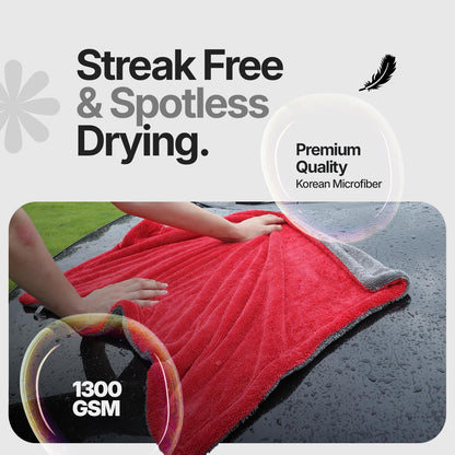 Crystal Clean 1300GSM Car Drying Towel - XL (24x36) Microfiber Towels for Cars with Double Twisted Loop, Professional Detailing Towel for Car Detailers - Quick Dry, Paint Safe & Swirl-Free