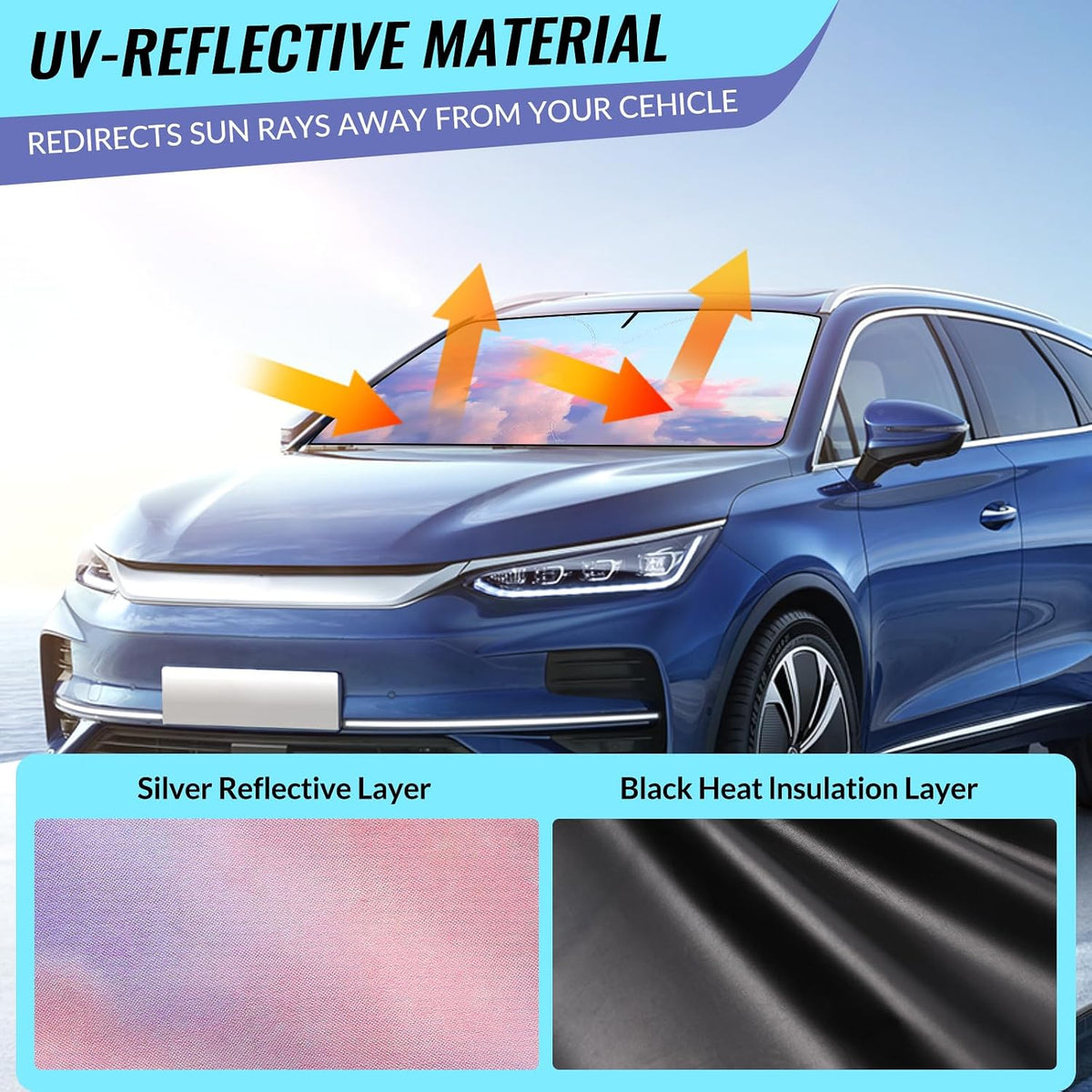 Car Windshield Sun Shade - Reflector Sunshade Offers Ultimate Protection for Car Interior, Cool Reflective Sun Blocker Fits Small Sedans, Mini SUVs