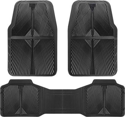 CAR PASS Rubber Floor Mats, All Weather Waterproof Trim-to-Fit Automotive Mats for Cars Trucks SUV, Anti-Slip Easy Clean, Heavy Duty Full Set 3-Piece, All Black