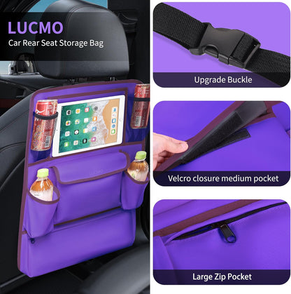 LUCMO Car Backseat Organizer with Tablet Holder,6 Storage Pockets Car Storage Organizer with Foldable Food Tray,Protectors Kick Mats Travel Accessories-Black