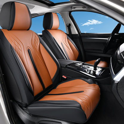 Huidasource Coffee Seat Covers Full Set, Universal Fit for Most Cars Trucks SUV, Full Coverage Leather Seat Cover, Airbag, Cupholder Compatible, Velcro Adjustable, Heaating/Cooling Function Retain