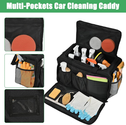 Extra Large Car Detailing Bag, Cleaning Caddy with Lid and Handle for Auto Detailing Supplies, Car Cleaning Storage Trunk Organizer for Polisher and Vehicle Wash Tools, Black