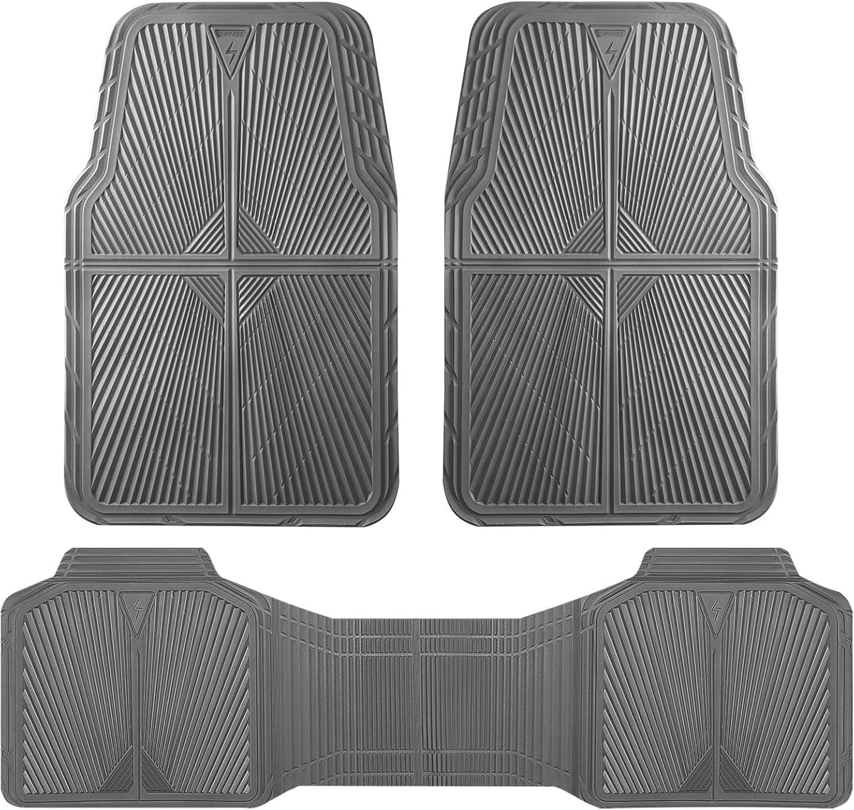 CAR PASS Rubber Floor Mats, All Weather Waterproof Trim-to-Fit Automotive Mats for Cars Trucks SUV, Anti-Slip Easy Clean, Heavy Duty Full Set 3-Piece, All Black