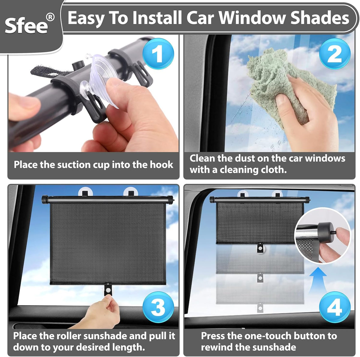 Sfee Car Window Shade for Side Windows, 2 Pack Sun Shade Retractable for Car Blocks Heat and UV Rays Glare Protection Roller Sunshade Visor for Baby, Kids, Pets, Passengers