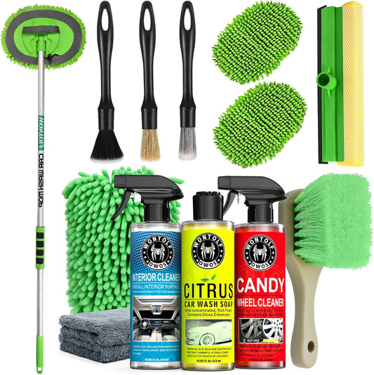 Wontolf 17pc Car Wash Kit, Car Cleaning Kit with Car Wash Brush Long Handle, Car Wash Soap, Interior Cleaner, Wheel Cleaner, Window Squeegee, Car Interior Detailing Kit for Cars Trucks RVs SUVs