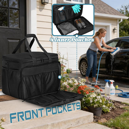 Large Car Detailing Organizer with Hard Pad Support, Car Detailing Bag with Multiple Pockets, Cleaning Bags for Housekeepers, Cleaning Supply Bag, Black