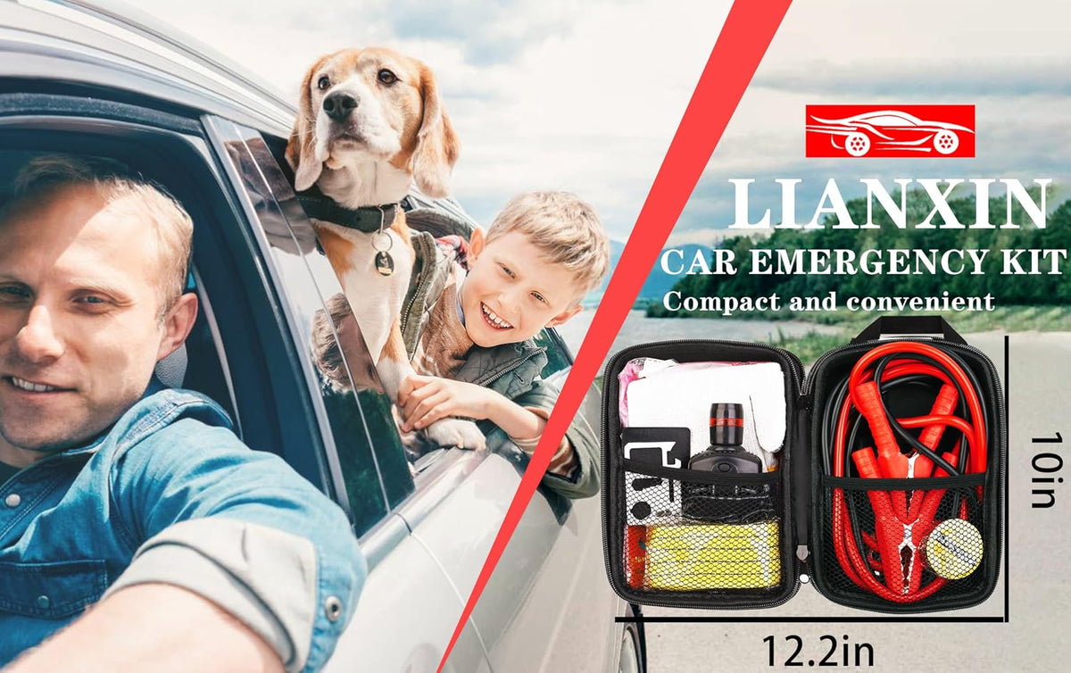 LIANXIN Car Roadside Emergency Kit, with Jumper Cables Automotive Kit,Car Safety Roadside Assistance Kit Headlamp,Tow Straps, Safety Hammers, Rainwear, Gloves.Black