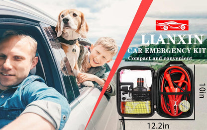 LIANXIN Car Roadside Emergency Kit, with Jumper Cables Automotive Kit,Car Safety Roadside Assistance Kit Headlamp,Tow Straps, Safety Hammers, Rainwear, Gloves.Black