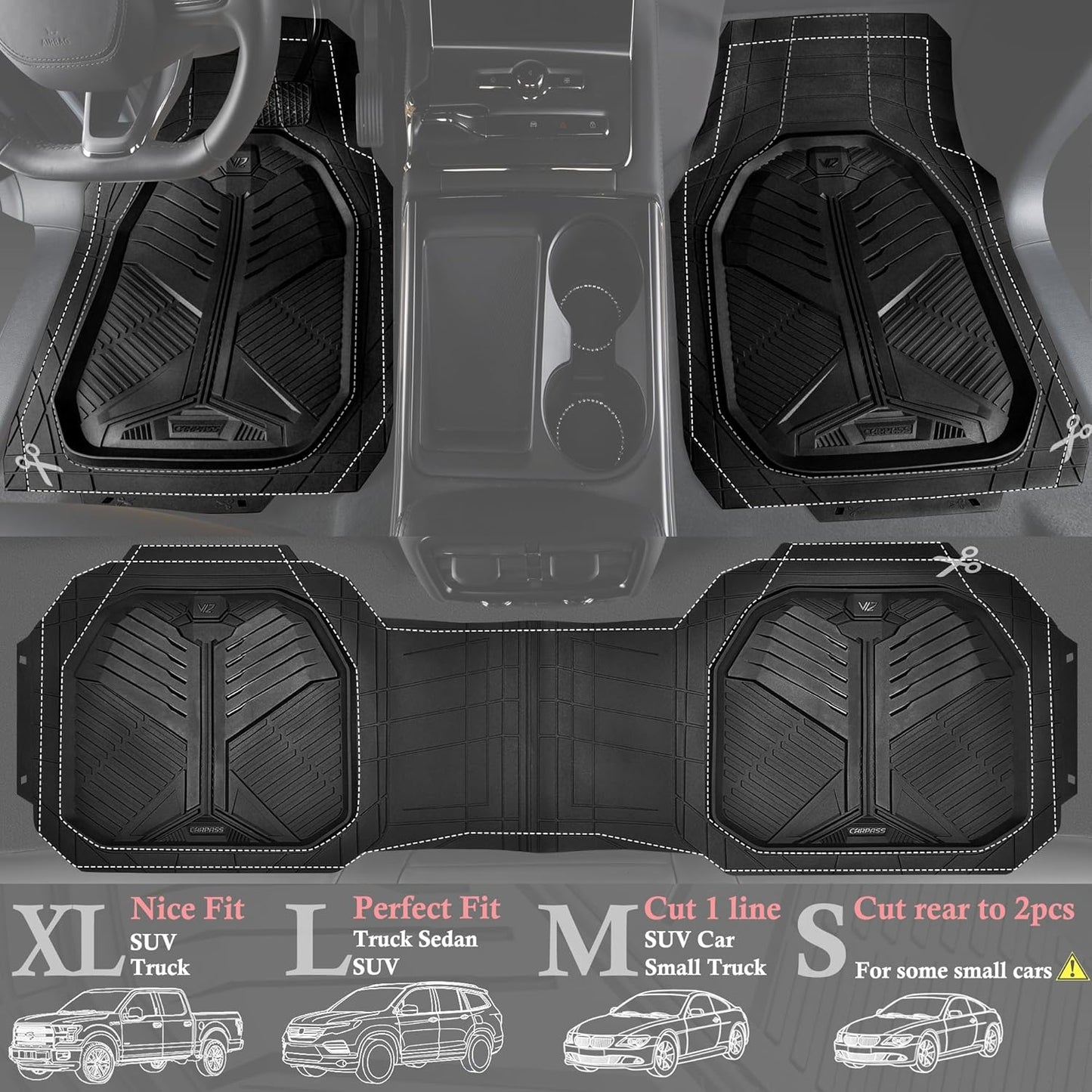 CAR PASS Heavy Duty Rubber Car Mats with Cargo Liner, Deep-Dish Car Floor Mats and Trunk Mat All Weather, Universal Trim-to-Fit for SUVs Trucks Sedans, Waterproof Anti-Slip, Trimmable V12 Black