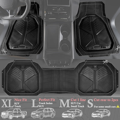 CAR PASS Heavy Duty Rubber Car Mats with Cargo Liner, Deep-Dish Car Floor Mats and Trunk Mat All Weather, Universal Trim-to-Fit for SUVs Trucks Sedans, Waterproof Anti-Slip, Trimmable V12 Black