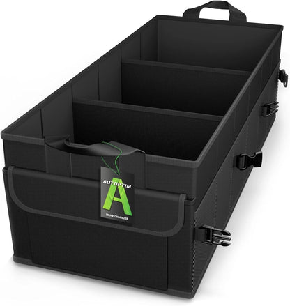AUTOPTIM Car Trunk Organizer - Collapsible Car Organizer with Non Slip Bottom & Multiple Pockets for Groceries, Trunk Storage with Base Panel for SUV Sedan Van, 2 Compartments (Black, Small)