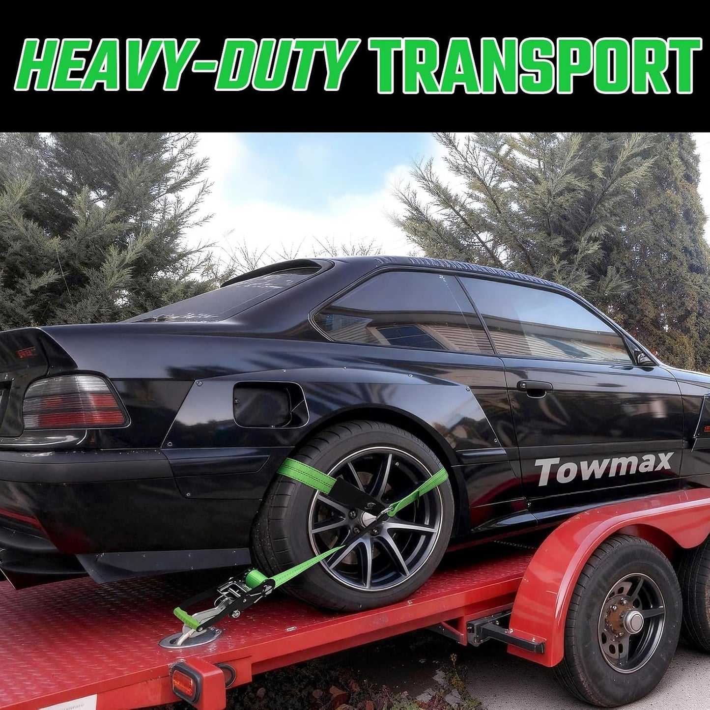 4 Pack Car Tie Down Straps for Trailers - 2" x 8' Heavy Duty Tire Straps with Snap Hooks - 10,000lbs Break Strength, Adjustable Lasso Style Wheel Straps for Hauling Cars, Truck, UTV(Green)