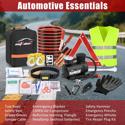 Car Roadside Emergency Kit, Car Safety Kit Portable Vehicle Kits for Emergency with Jumper Cables, Tow Straps, Safety Hammer, Black