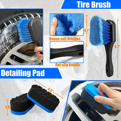 Car Wheel Brush Kit, Soft Drill Wheel Cleaner Brush, Tire Brush, Detailing Brush, and Detailing Pads, No Scratches Car Wheel Cleaning Kit for Wheels, Tires, Rims, Engines, Exhaust(Blue+White, 6 Pack)