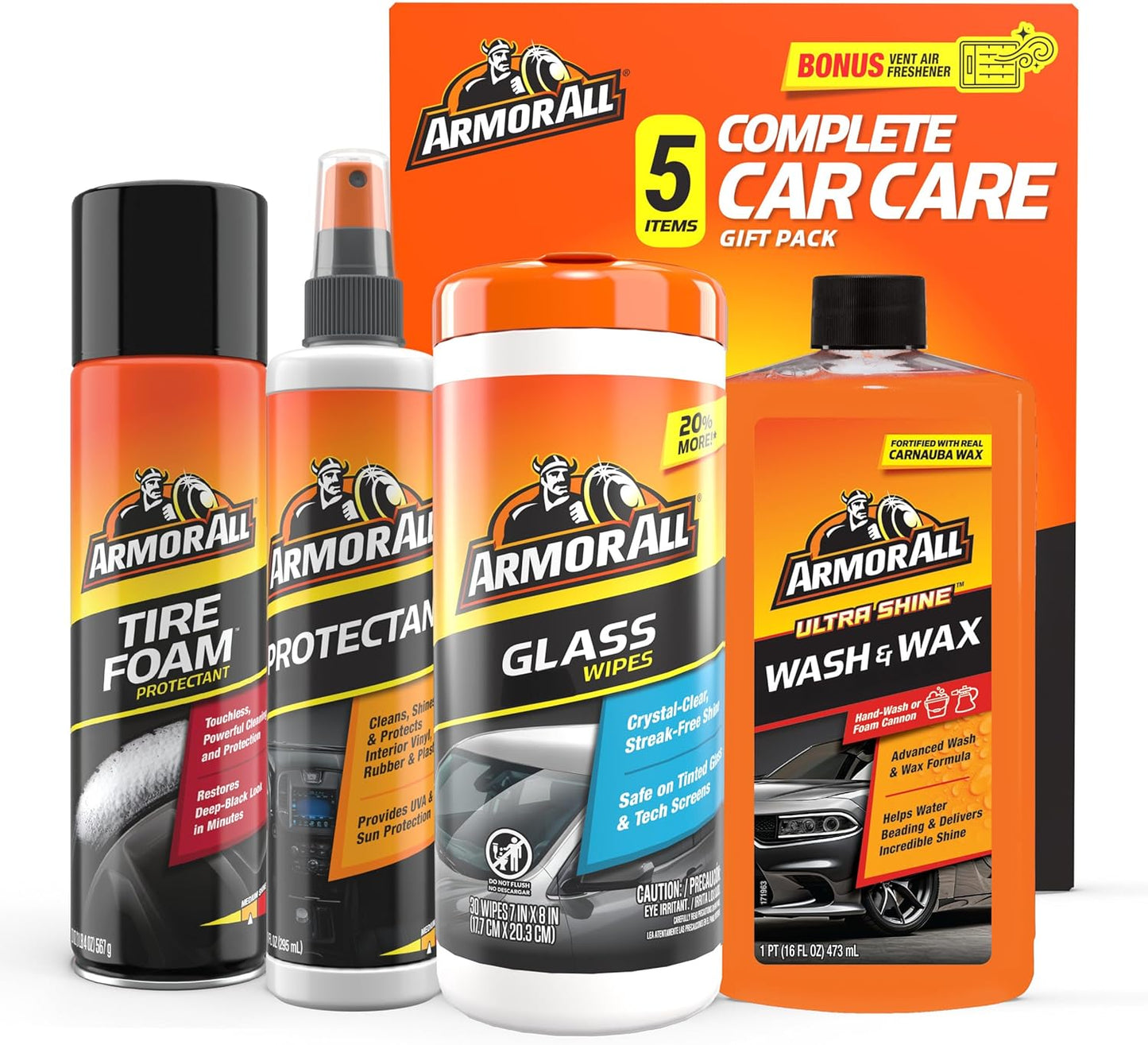 Armor All Complete Car Care Kit - 4-Piece Bundle with Car Wash & Wax, Glass Cleaner Wipes, Tire Foam & UV Protectant Spray, Gift for Car Lovers