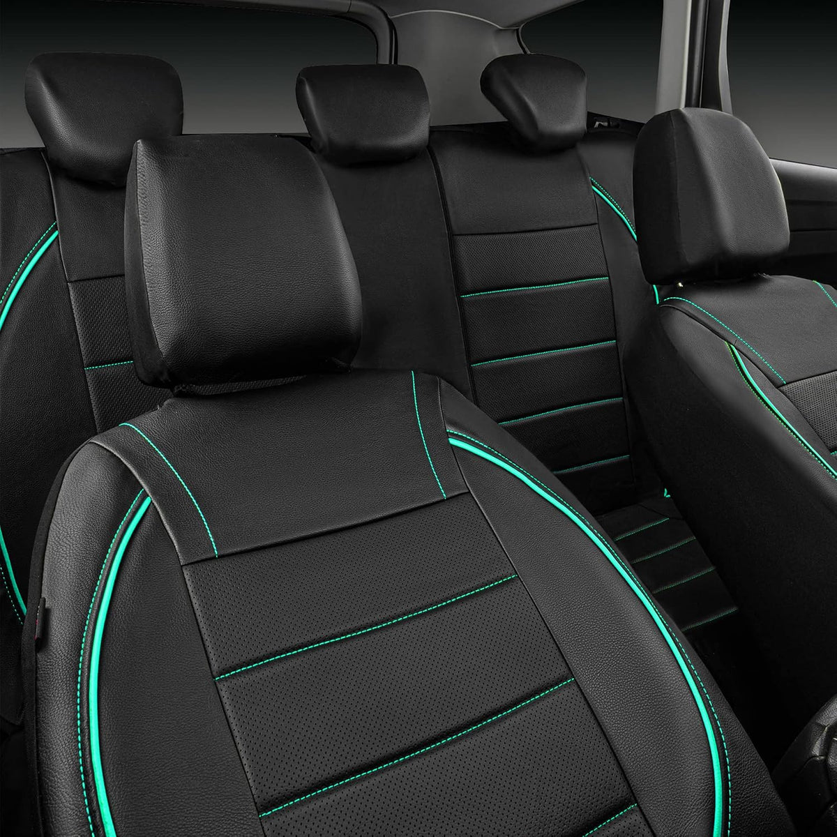 CAR PASS Universal FIT Piping Leather Two Front Seat Covers, Waterproof Faux Leather for SUV Sedan Van Truck, Airbag Compatible,Reserved Opening Holes for Headrest Covers. (Black red)