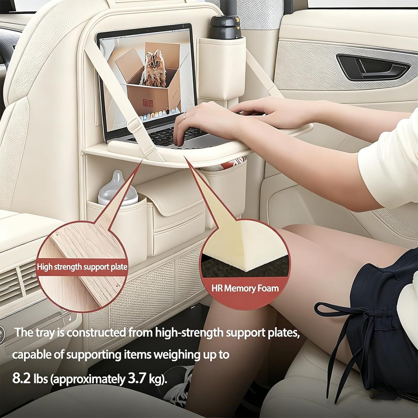 Universal Foldable Car Backseat Organizer with Table Tray, Car Seat Back Protector with Touch Screen Phone Holder, Premium Leather Kick Mats with Storage Pockets Tissue Holder (Brown)