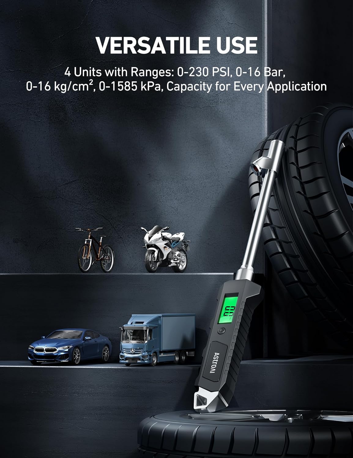 AstroAI Heavy Duty Digital Tire Pressure Gauge 0-230 PSI Calibrated to ANSI B40.7 Grade 2A (0.5%) with Backlit LCD & Flashlight, Stainless Steel for Truck RV Car Motorcycle Bike