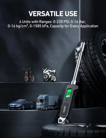 AstroAI Heavy Duty Digital Tire Pressure Gauge 0-230 PSI Calibrated to ANSI B40.7 Grade 2A (0.5%) with Backlit LCD & Flashlight, Stainless Steel for Truck RV Car Motorcycle Bike