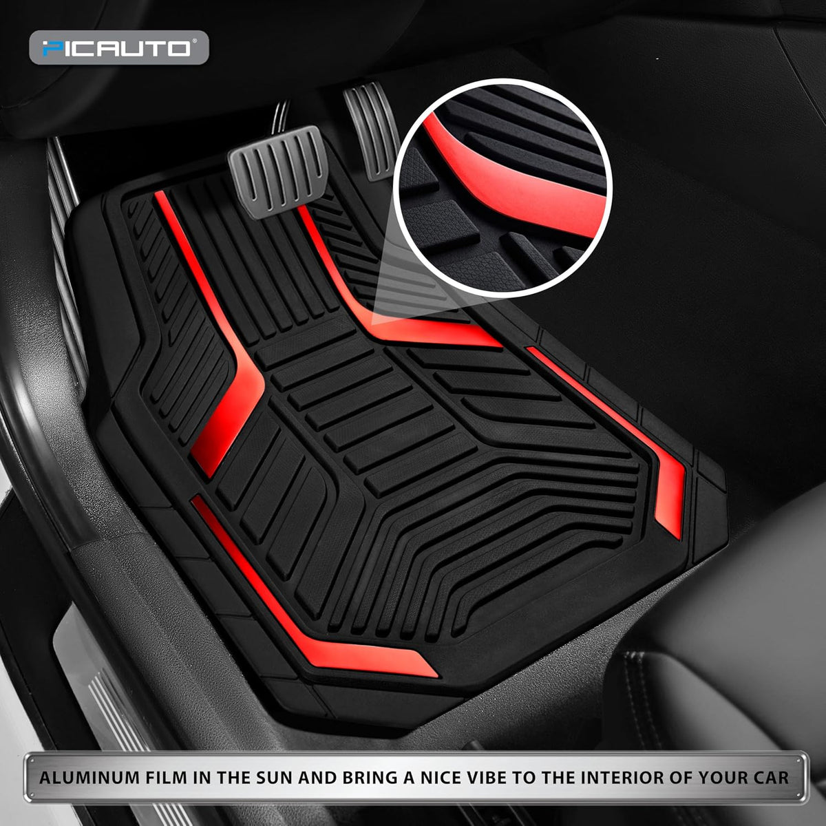 PIC AUTO Heavy Duty Rubber Floor Mats, Purple Aluminum Film Car Mats Set, Front and Rear Car Mats with Anti-Slip Backing, All Weather Protection, Trim-to-Fit for Automotive SUV, Sedan, Van