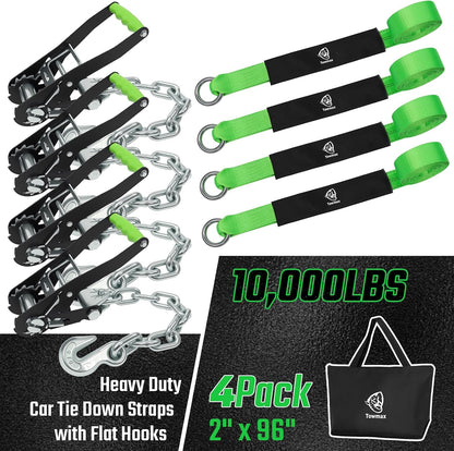 4 Pack Car Tie Down Straps for Trailers - 2" x 8' Heavy Duty Tire Straps with Snap Hooks - 10,000lbs Break Strength, Adjustable Lasso Style Wheel Straps for Hauling Cars, Truck, UTV(Green)