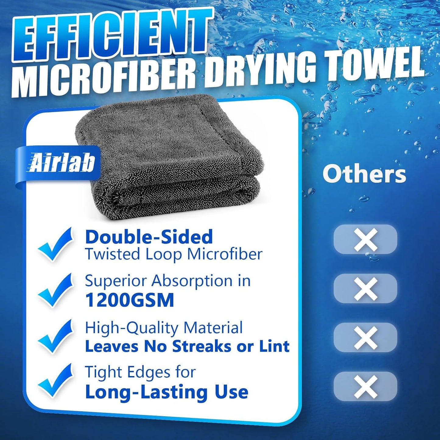 Airlab Microfiber Towels for Cars Wash Drying Thick Plush Cleaning Cloth Auto Detailing Super Absorbent for Interior & Exterior Lint Free, Streak Free, 16" X 16", 800 GSM, Pack of 4