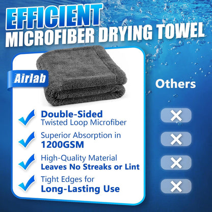 Airlab Microfiber Towels for Cars Wash Drying Thick Plush Cleaning Cloth Auto Detailing Super Absorbent for Interior & Exterior Lint Free, Streak Free, 16" X 16", 800 GSM, Pack of 4