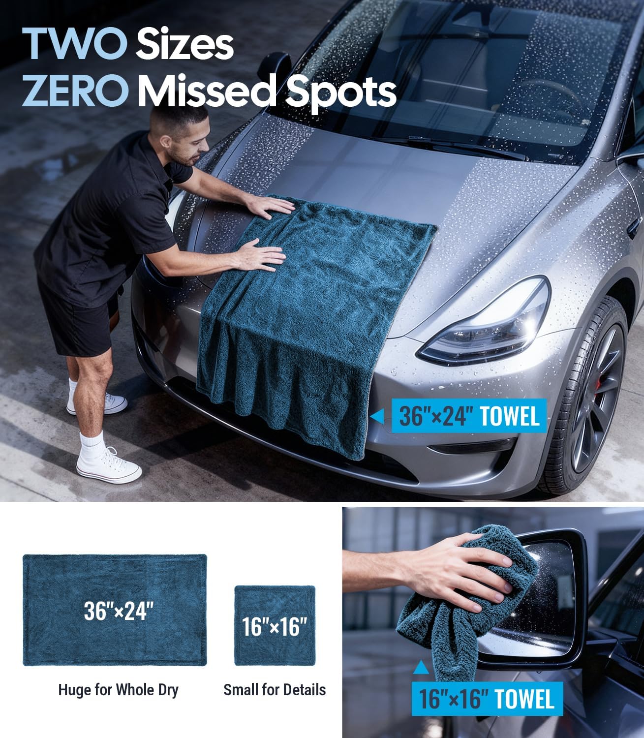 Wigoo Premium Microfiber Car Drying Towel 1300 GSM, 36" x 24" [Ultra-Absorbent, Streak-Free] Dual-Sided Edgeless Cleaning Towels with Twisted Loop, for Auto Detailing, Cars, SUV, Truck (2 Sizes)