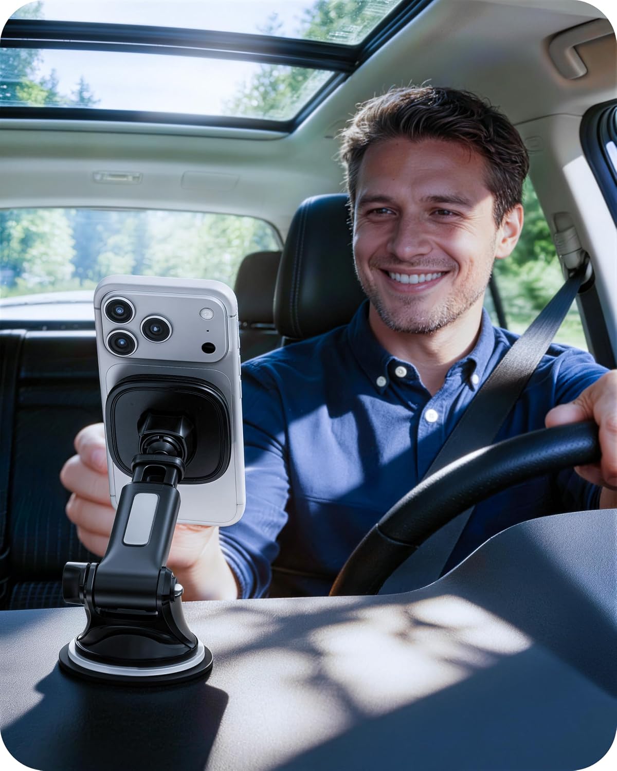 APPS2Car Magnetic Phone Mount for Car, Dashboard & Windshield Suction Cup Holder with Telescopic Arm, Requires Metal Plate for Proper Use, Fit for Android Smartphones(NOT for MagSafe)