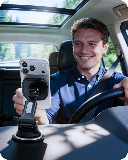 APPS2Car Magnetic Phone Mount for Car, Dashboard & Windshield Suction Cup Holder with Telescopic Arm, Requires Metal Plate for Proper Use, Fit for Android Smartphones(NOT for MagSafe)