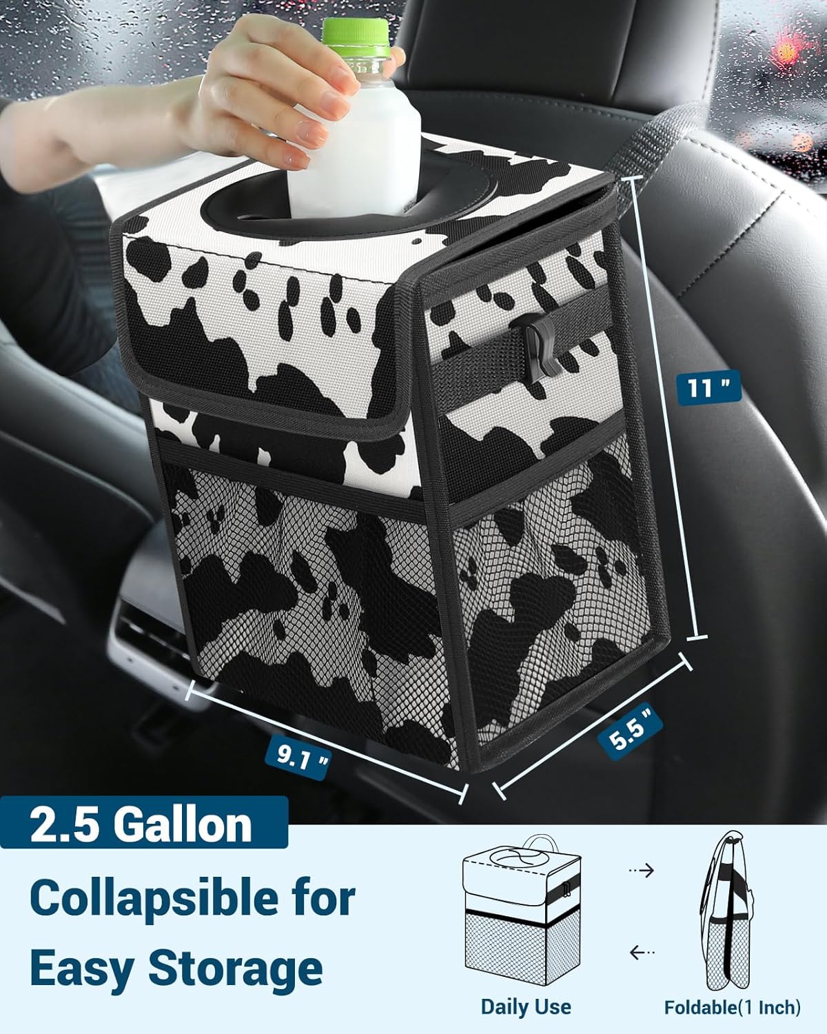 Capolo Car Trash Can with Lid, Leakproof Car Trash Bag Hanging Waterproof Automotive Garbage Can with Storage Pockets Mini Vehicle Trash Bin for Back/Front Seat(Black,2.5 Gallon)