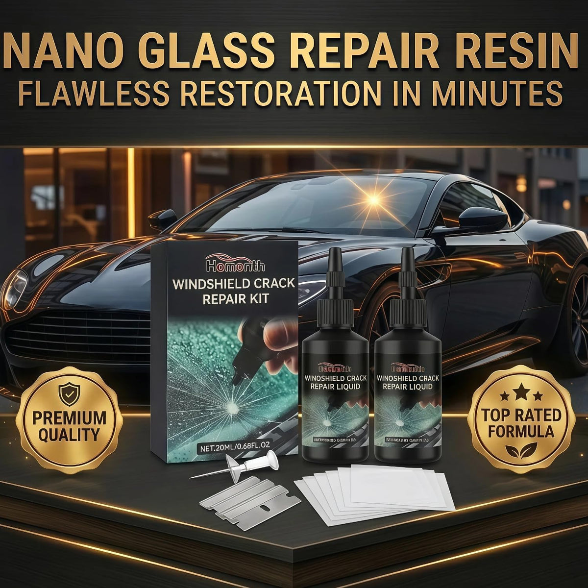 Windshield Crack Repair Kit – Quick Windshield Repair Kit, Nano Glass Fluid Windshield Chip Repair Kit for Bullseye, Star & Linear Cracks – Car Windshield Crack Repair Kit Fluid