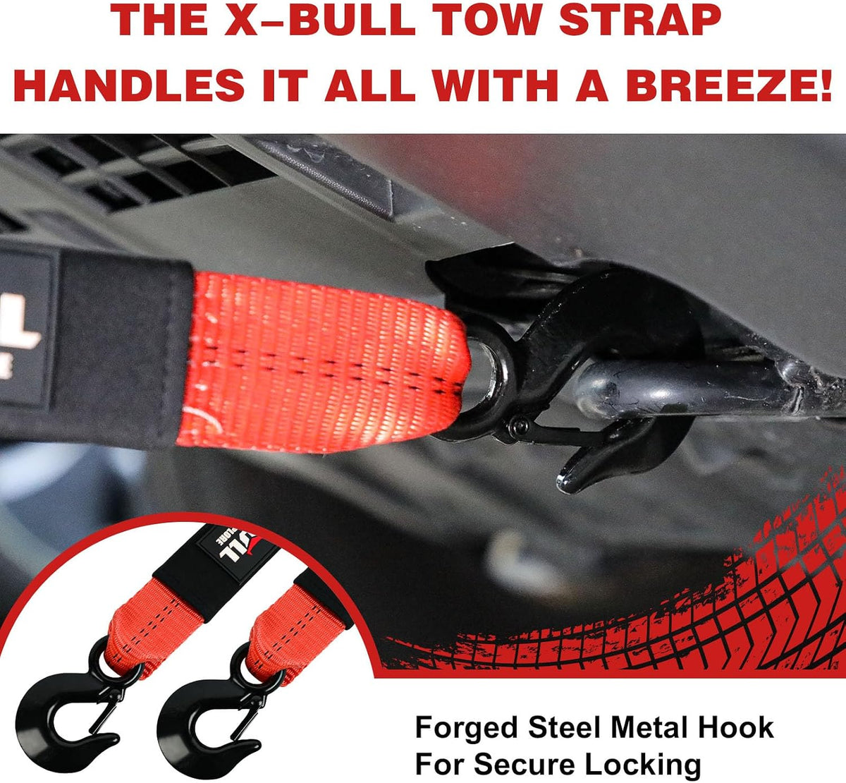 X-BULL Tow Strap (2 in x 20 Ft) with Forged Steel Hooks Lab Tested 10,321lbs Break Strength Emergency Heavy Duty Capacity Tow Strap for Car Truck Jeep SUV Not for Off-Road Recoveries（Red）