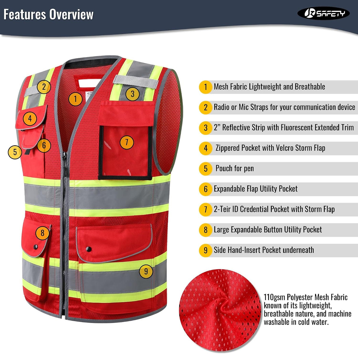 JKSafety 9 Pockets Class 2 High Visibility Zipper Front Safety Vest With Reflective Strips,Meets ANSI/ISEA Standard (Large, 150-Yellow) - Colors B
