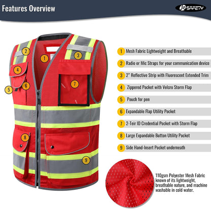 JKSafety 9 Pockets Class 2 High Visibility Zipper Front Safety Vest With Reflective Strips,Meets ANSI/ISEA Standard (Large, 150-Yellow) - Colors B