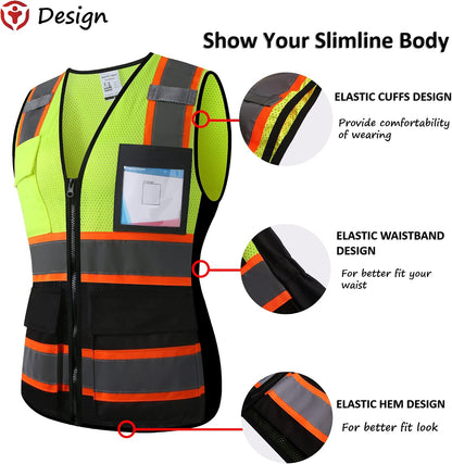 Reflective High Visibility Safety Vest for Men Women with Pockets Zipper Front Meets ANSI/ISEA Standards