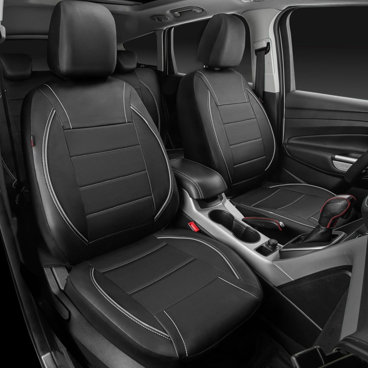 CAR PASS Universal FIT Piping Leather Two Front Seat Covers, Waterproof Faux Leather for SUV Sedan Van Truck, Airbag Compatible,Reserved Opening Holes for Headrest Covers. (Black red)