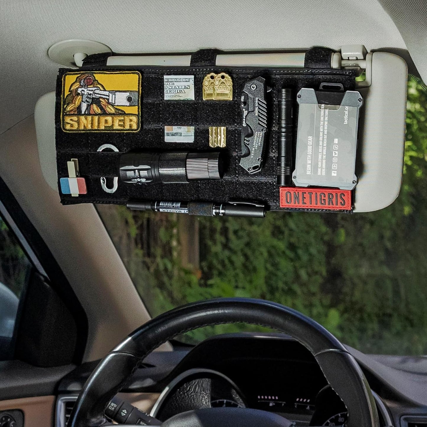 ONETIGRIS Molle Visor Panel Organizer, Tactical Car Sun Visor Organizer Molle Patch Panel Vehicle Visor Storage Holder Pouch, Molle Webbing with Hook-and-Loop Straps for Cars, Trucks, Suvs etc.