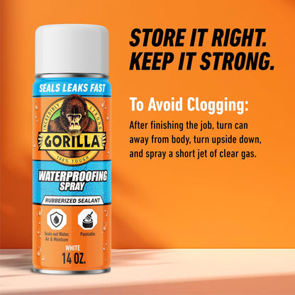 Gorilla Waterproofing Spray Clear, Flexible Rubberized Sealant Coating, Paintable UV Resistant, Seals Water Air Moisture, 14 oz (Pack of 1), for Roofs Gutters Skylights RVs Windows & More