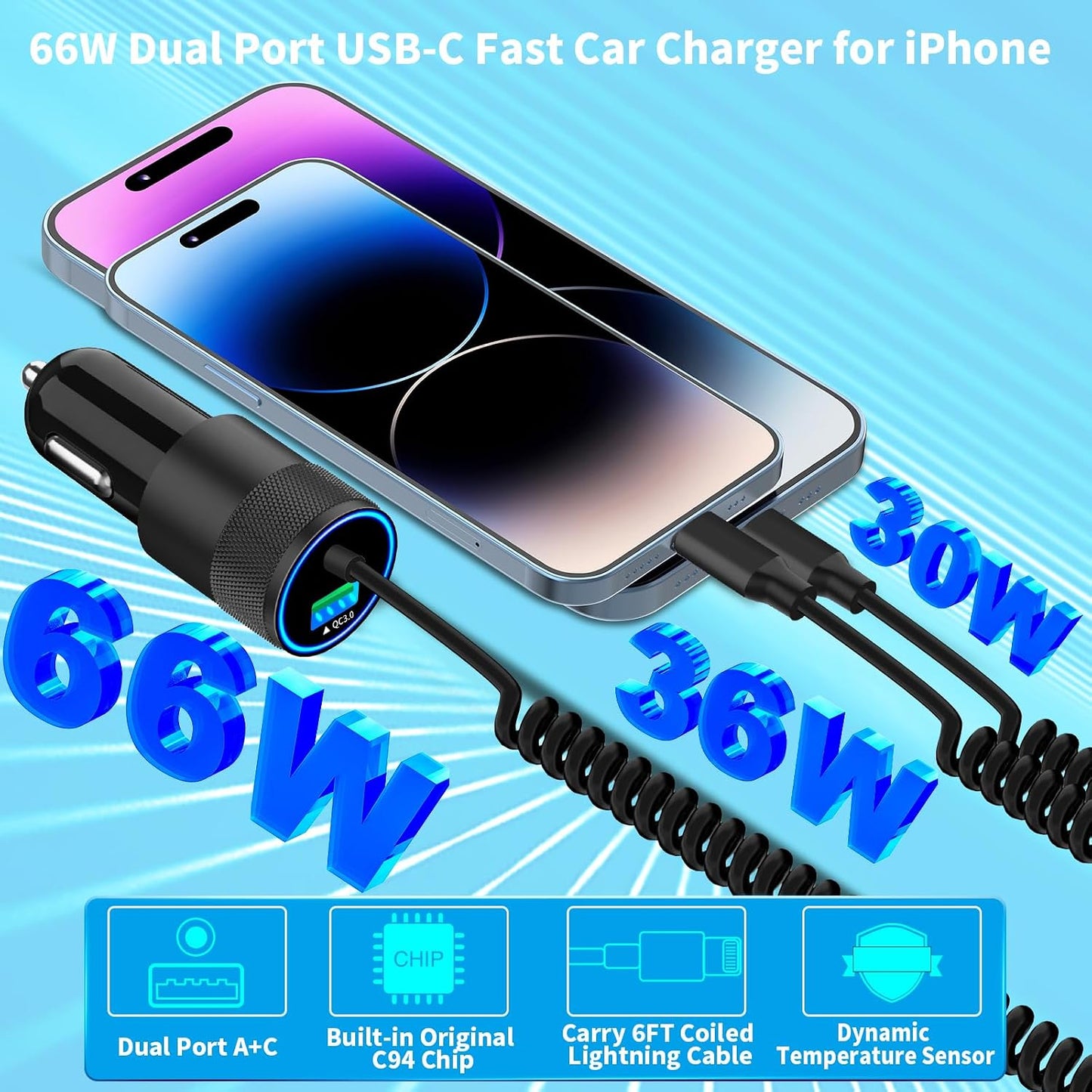 【MFi Certified】iPhone 17 Car Charger Fast Charging, Braveridge 75W USB C PD&QC Car Power Cigarette Lighter USB Charger with 6FT Type C Coiled Cable for iPhone 17/17 Pro Max/16/15/Galaxy S26/S25/Pixel