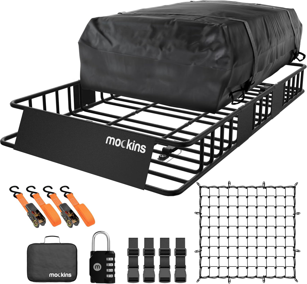 Mockins 16 Cu Ft Weatherproof No Rack Rooftop Cargo Carrier Bag 45"x34"x18" | Rooftop Cargo Bag for Top of Car | Car Topper Luggage Carrier Waterproof Set w/ Accessories | Vehicle Soft-Shell Carriers