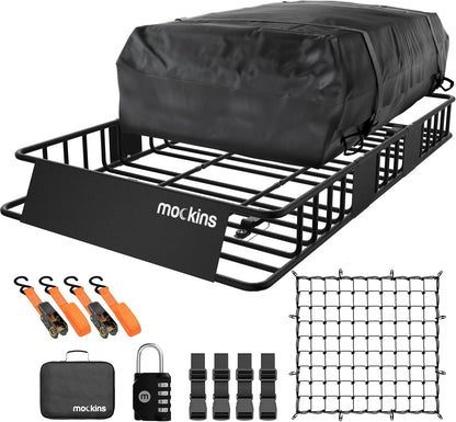 Mockins 16 Cu Ft Weatherproof No Rack Rooftop Cargo Carrier Bag 45"x34"x18" | Rooftop Cargo Bag for Top of Car | Car Topper Luggage Carrier Waterproof Set w/ Accessories | Vehicle Soft-Shell Carriers