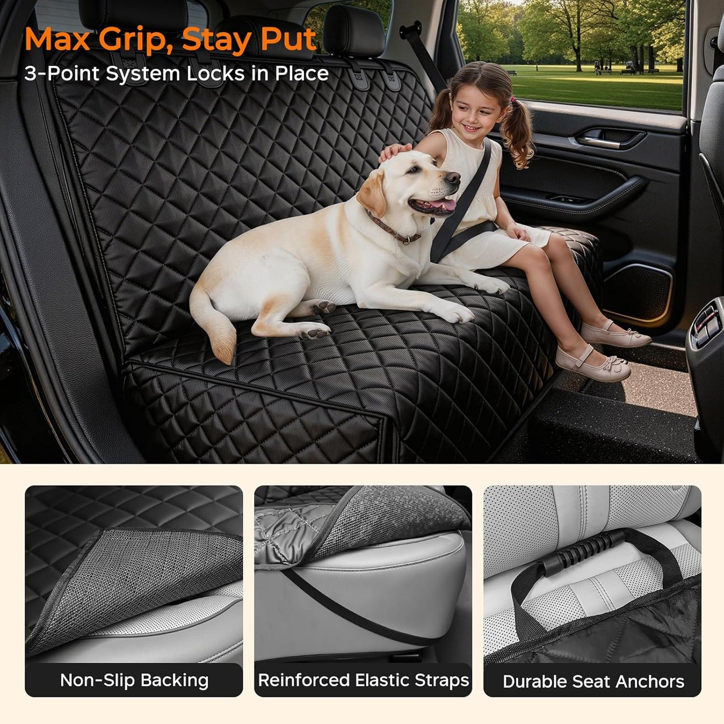 URPOWER Dog Car Seat Cover for Back Seat - Waterproof Non-Slip Car Seat Protector for Dogs Pet, Scratchproof Back Bench Seat Covers for Mid-Size Cars, Mid-Size SUVs, Black