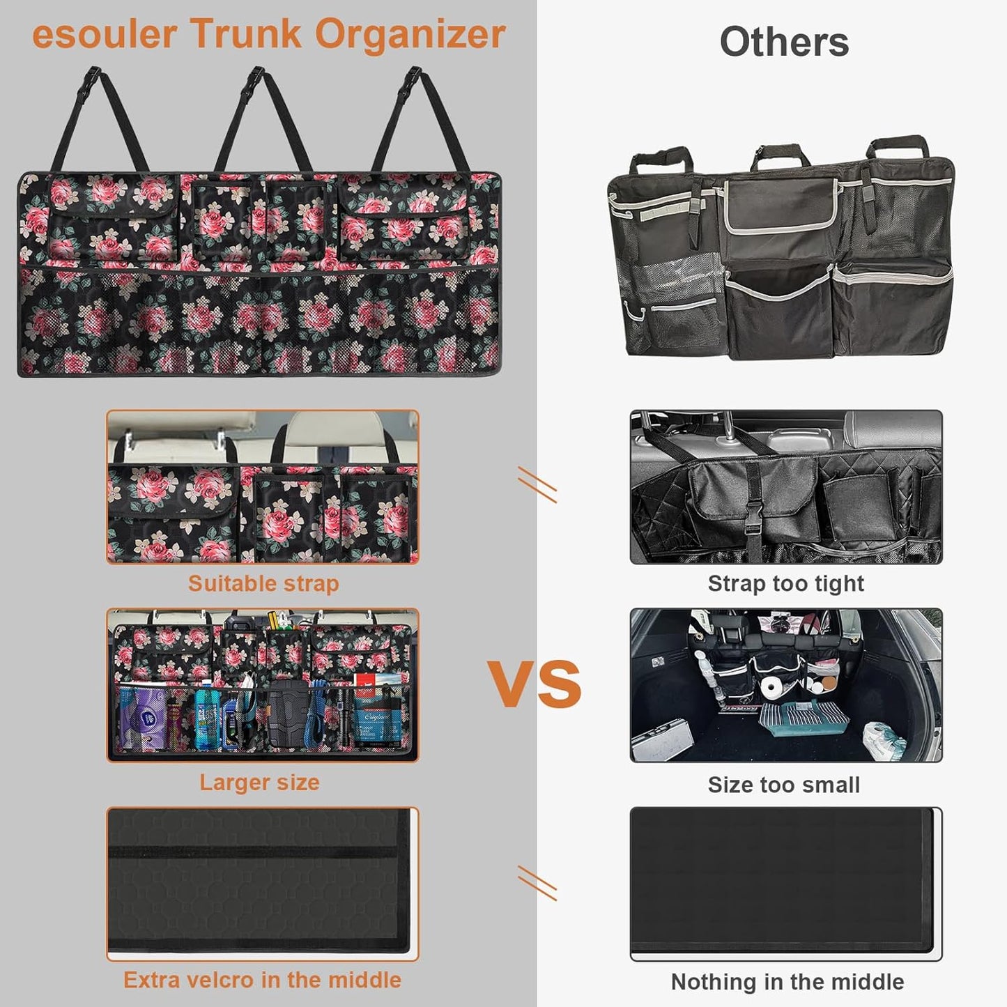 esouler Car Trunk Organizer, Super Capacity Backseat Car Organizer for SUV/Truck/MPV(42"*18"), Hanging Car Storage Organizer with 8 Pocekts, Car Accessories for Women and Men- Black